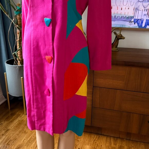 Vintage Ann Tobias Hot Pink Geometric Silk Dress - Picture 2 of 6